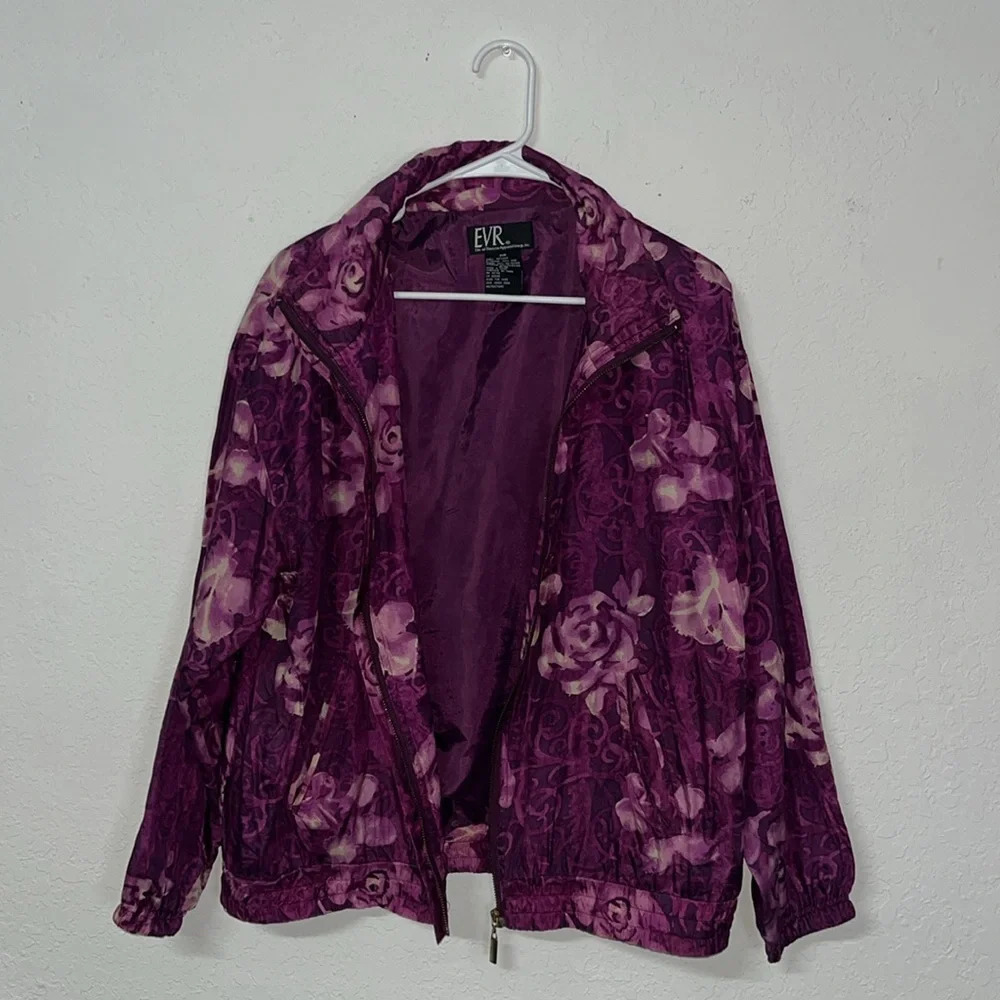 Vintage 100% silk floral jacket medium floral windbreaker full zipper pockets